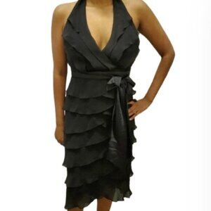 Tadashi Sleeveless Black Ruffle Halter Silk Midi Dress Size 8